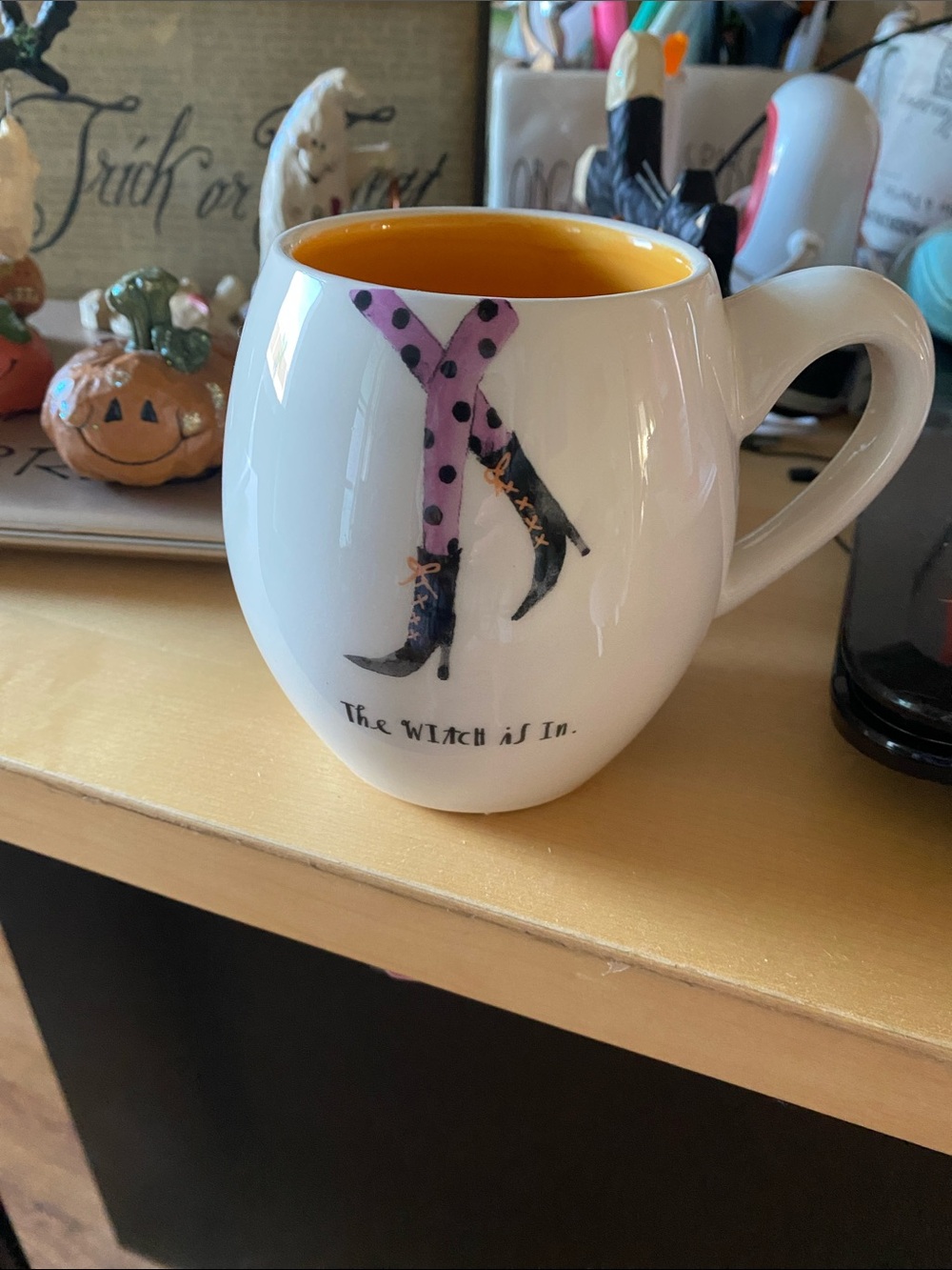 Rae Dunn White Ceramic Mug with Yellow Interior and Purple Polka-Dot Witch Legs